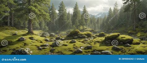 Wilderness Landscape Forest With Pine Trees And Moss On Rocks Stock