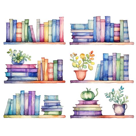 Watercolor Book Library Clip Art Watercolor Hand Draw PNG