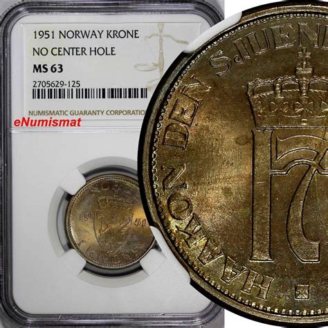 1 Krone Norway Haakon VII Copper Nickel 1951 NGC MS63 No Center Hole KM