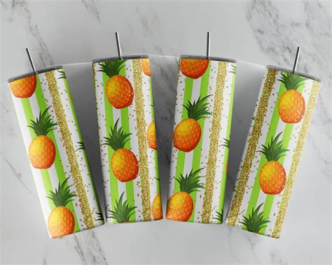 Tropical Pineapple Tumbler Wrap Gold Glitter Stripe Sublimation Designs