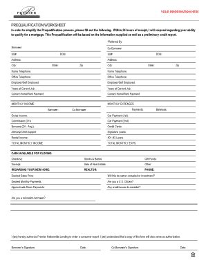 Fillable Online Prequal Worksheet Pdf Premier Nationwide Lending Fax