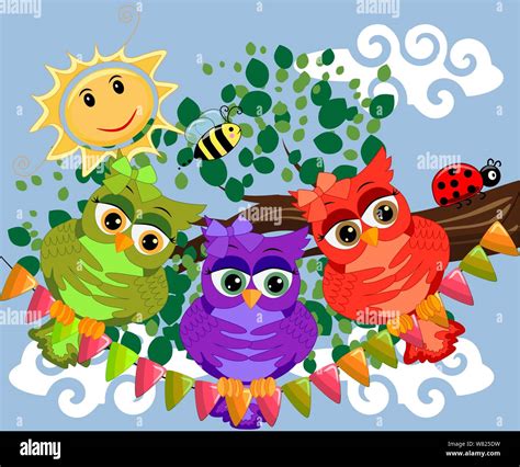 Three Cute Colorful Cartoon Owls Sitting On Tree Branch With Flowers