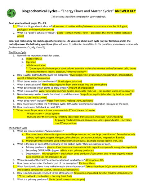 Integrated Science Cycles Worksheet Key