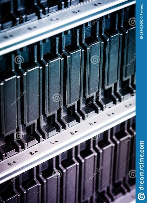 Cluster Of Data Storage Ssd Hard Drives Inside Server Rack Stock Photo