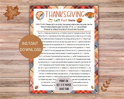 Thanksgiving Left Right Game Printable Pass The Prize Present Game