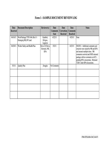 Fillable Online Emcbc Doe Form 1 SAMPLE DOCUMENT REVIEW LOG Emcbc