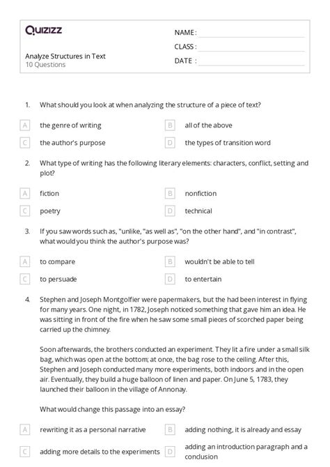 Analyzing Text Structure Worksheets On Quizizz Free Printable