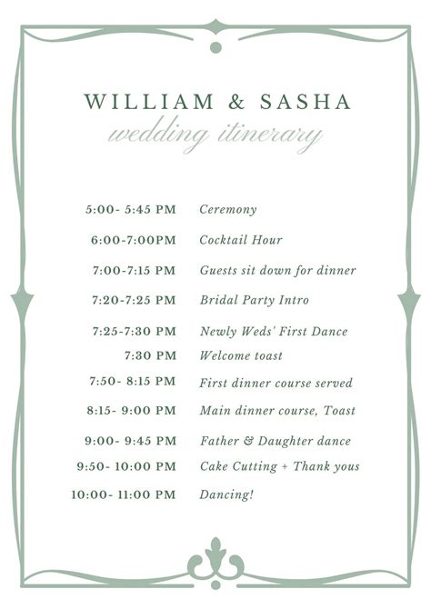 Wedding Itinerary Templates