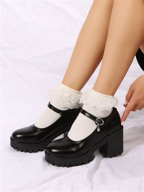 Black Preppy Collar Plain Mary Jane Embellished Women Shoes Black Mary