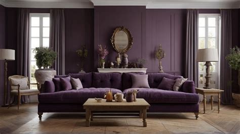 A purple couch with purple pillows and a purple sofa with a round ...