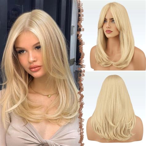 FESHFEN Blonde Wigs With Bangs Synthetic Natural Looking Light Blonde Long Layered Straight