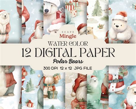 12 Polar Bears Christmas Watercolor Digital Paper Seamless Pattern