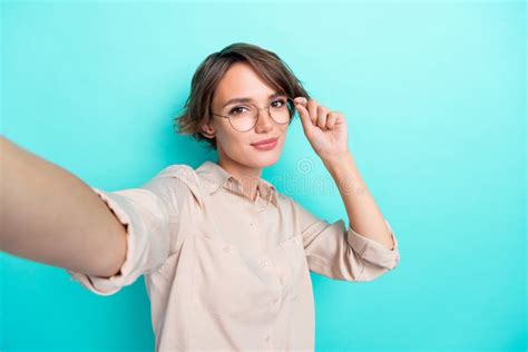 Selfie Closeup Photo Of Young Confident Cool Business Lady Wear Beige Shirt Hold Her Eyeglasses