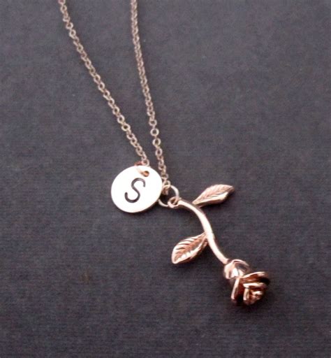 Rose Necklace Rose Gold Initial Necklace Rose Gold Rose Charm | Etsy