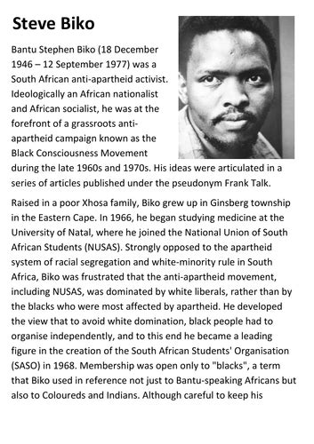 Steve Biko - Apartheid South Africa Handout | Teaching Resources