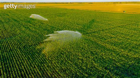 Aerial View On High Pressure Agricultural Water Sprinkler Sprayer