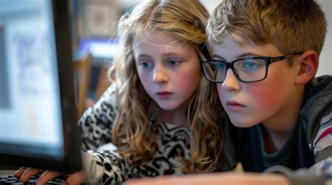 Premium Photo Two Students Sit Side By Side At A Computer Their Eyes