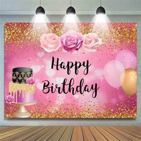 Gold Glitter Floral Balloons Happy Birthday Backdrop Lofaris