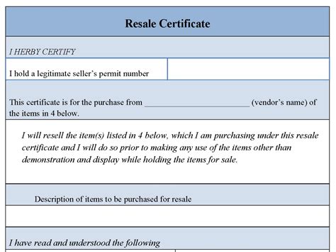 Resale Certificate Fillable PDF Form | Editable PDF Forms