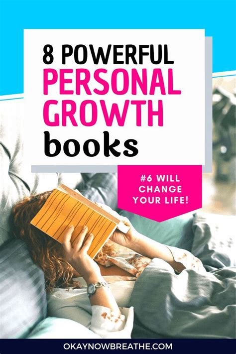 A Woman Laying On Top Of A Couch Reading A Book With The Title 8 Powerful Personal Growth Books