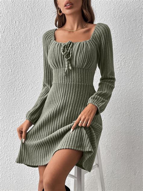 SHEIN Frenchy Tie Front Square Neck Ruched Bust Dress Long Sleeve