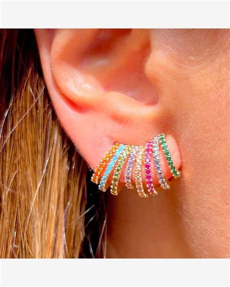 Riachuelo Brinco Ear Cuff Argolas Cristais Coloridos Semijoia Ouro K