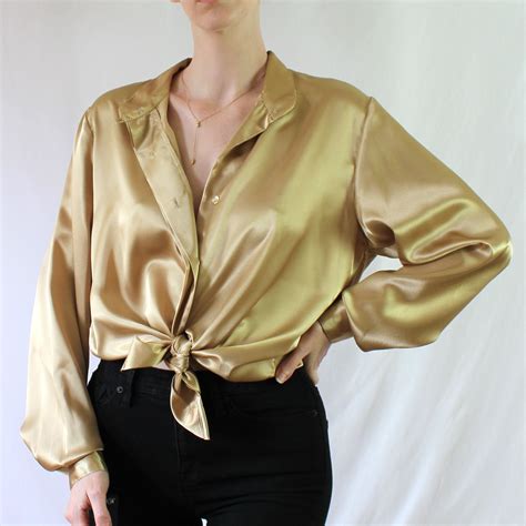 Vintage Gold Metallic Button Up Blouse With High Neck Women S Long Sleeve Shirt Womens Long