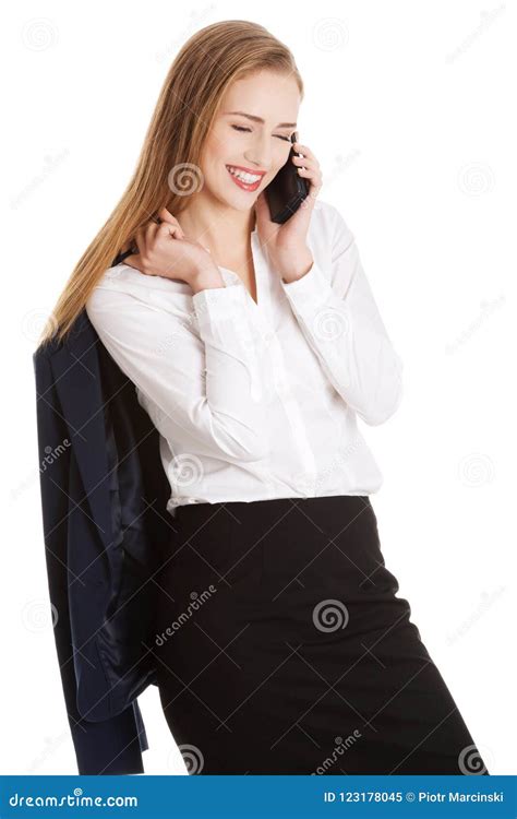 Attractive Sensual Caucasian Business Woman Is Talking Through P Stock