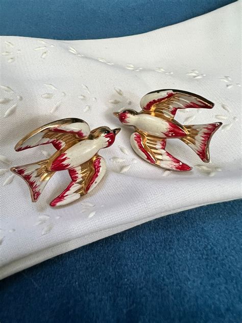 Vintage CORO Pegasus Metal Enamel Flying Swallows Screw Back Etsy