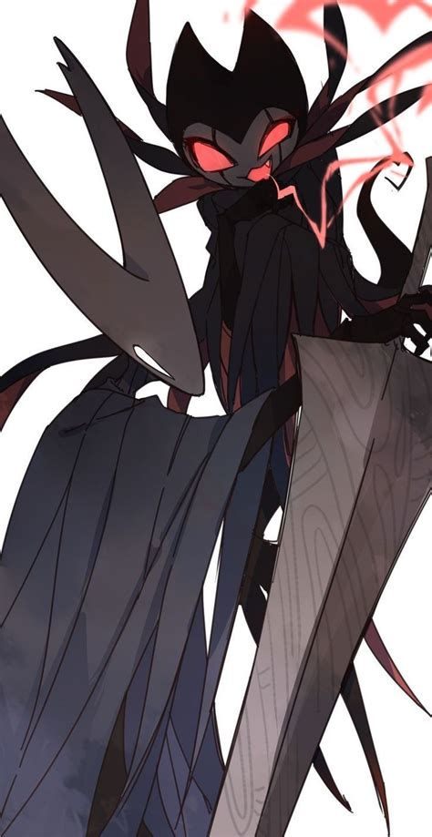 An Anime Character With Long Black Hair And Red Eyes Holding Two Large