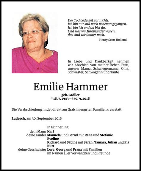 Todesanzeigen Von Emilie Hammer Todesanzeigen Vorarlberger Nachrichten