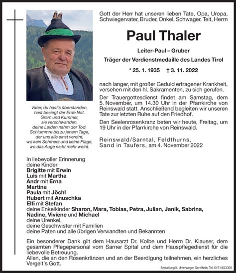 Traueranzeigen Von Paul Thaler Trauer Bz