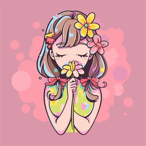 Chica De Dibujos Animados Con Flores Sobre Un Fondo Rosa Vector Premium