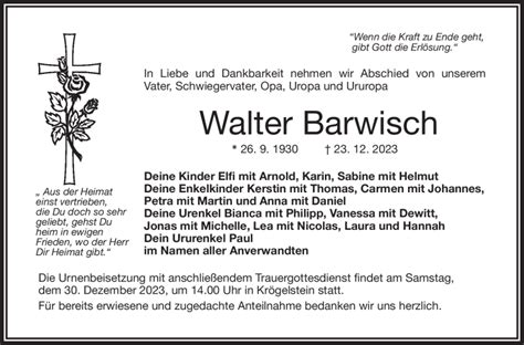 Traueranzeigen Von Walter Barwisch Nordbayerischer Kurier