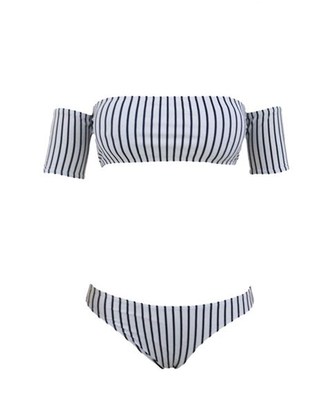 Women Sexy White Off Shoulder Striped Top Bottom Bikini Sets Bathing Suits Swimsuit White