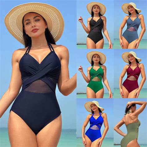 Biquíni De Fato De Banho One Piece Swimsuit Mulher Gaze Sólida Cor