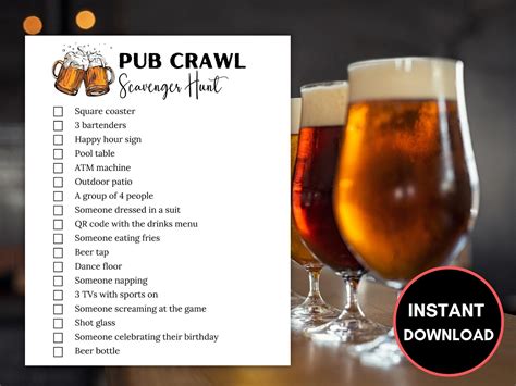 Bar Crawl Scavenger Hunt, Pub Crawl Scavenger Hunt, Pub Crawl Game, Bar Crawl Activity, Bar ...