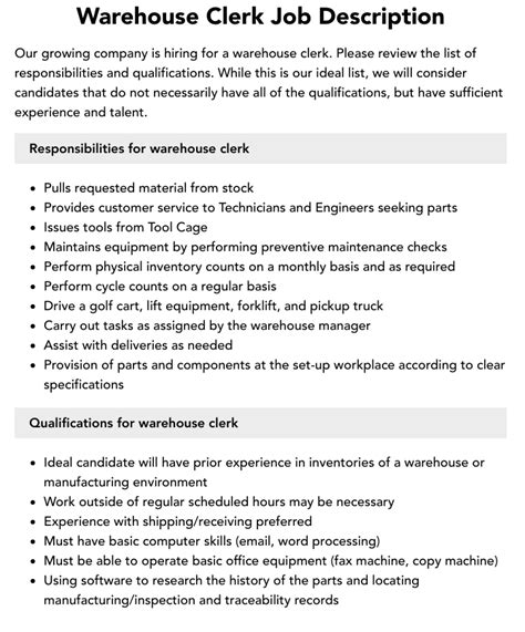 Warehouse Clerk Job Description Velvet Jobs