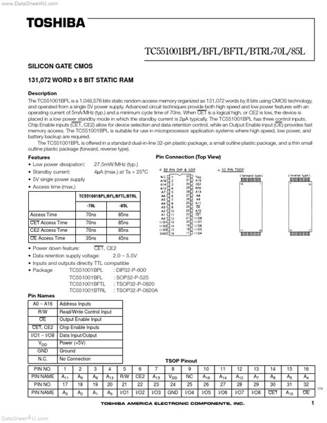 TC551001BTRL 85L Datasheet PDF SILICON GATE CMOS STATIC RAM