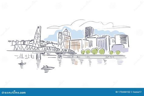 Portland Oregon Usa America Vector Sketch City Illustration Line Art