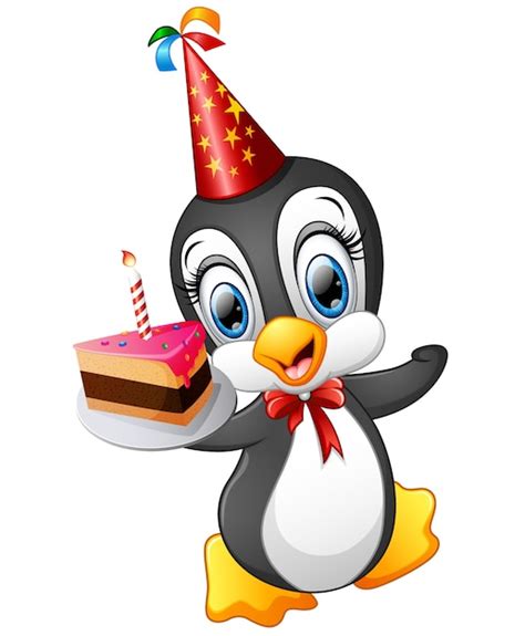 Premium Vector Happy Penguin Cartoon Holding Birthday Cake