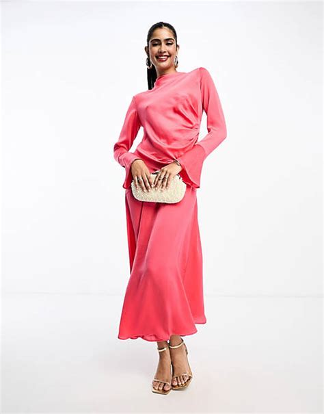 Asos Design Ruched Side Cowl Neck Maxi Dress With Asymmetric Tier In Hot Pink Asos