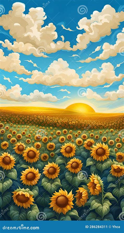 Sunflower Field With Blue Sky And Fluffy Clouds Stock Illustration