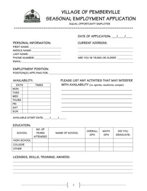 Fillable Online Pemberville VILLAGE OF PEMBERVILLE SEASONAL EMPLOYMENT