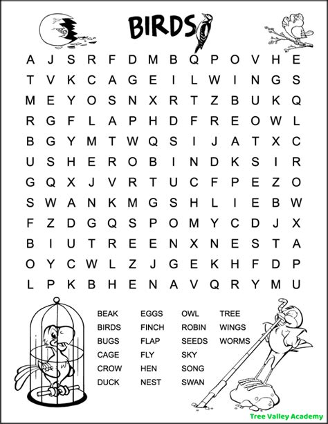 Easy Bird Word Search Tree Valley Academy