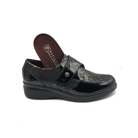 Mocasin Mujer Velcro Cu A Baja Pitillos Piel Charol Negro Plomo