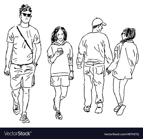 Outline drawings of couple casual young citizens Vector Image