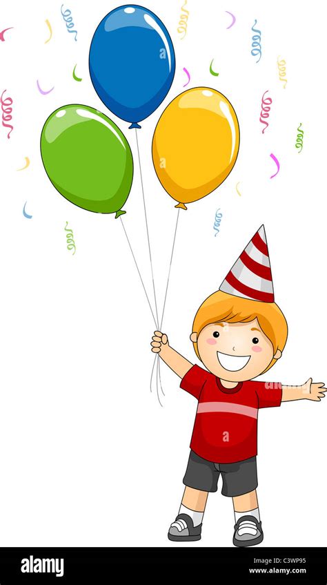 Ilustración de un niño sosteniendo Globos de cumpleaños Fotografía de