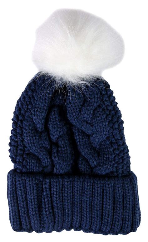 Yacht And Smith Womens Navy Cable Knit Pom Pom Beanie Hat Winter