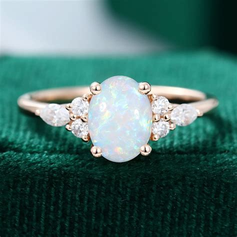 14K Rose Gold Oval Cut Opal And Diamond Engagement Ring MollyJewelryUS